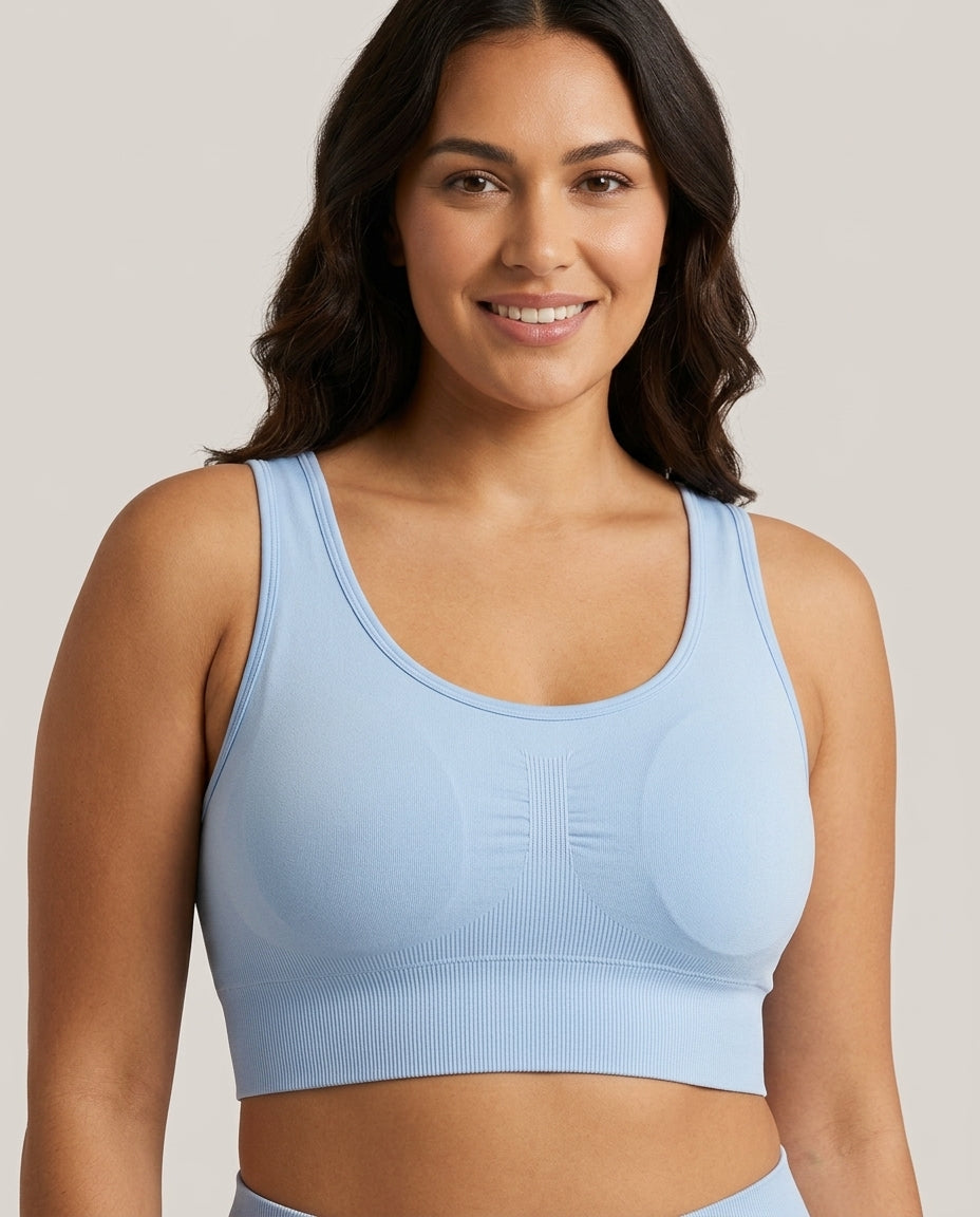 Tessa Seamless Scoop Yoga Bra Powder Blue Hero Front Australian Model