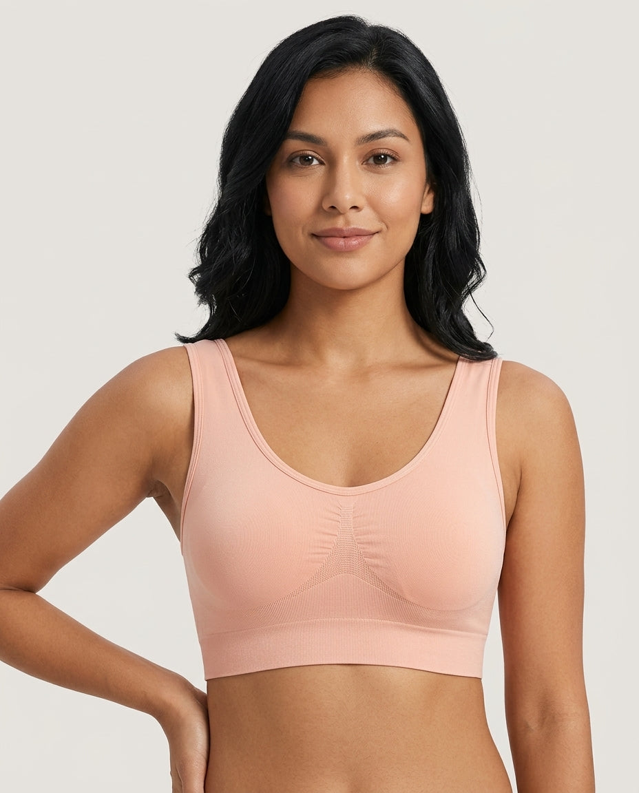 Tessa Seamless Scoop Yoga Bra Soft Peach Pink Hero Front Australian Model