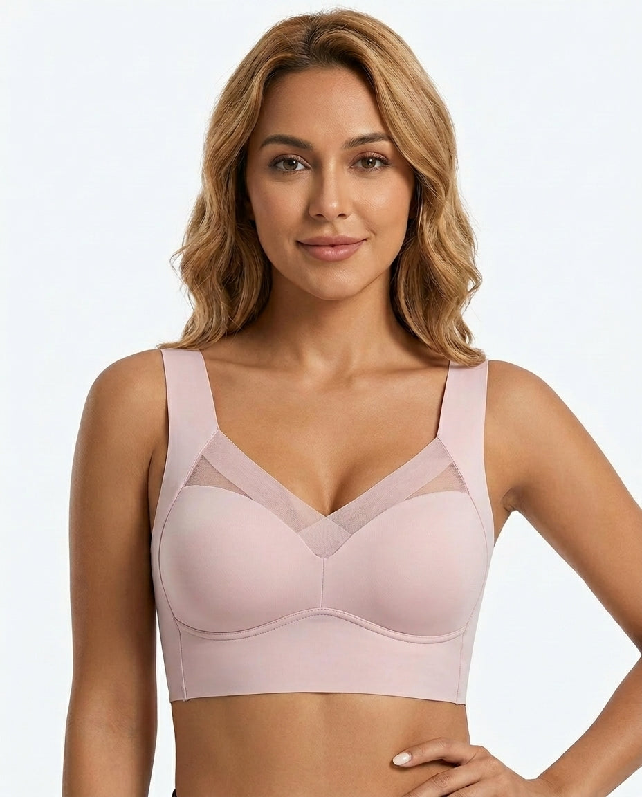 Zora Mesh V Neck Wirefree Bra Pink Support Detail